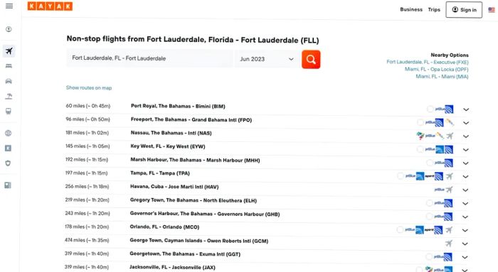 Kayak Direct screenshot showing nonstop flights from Fort Lauderdale