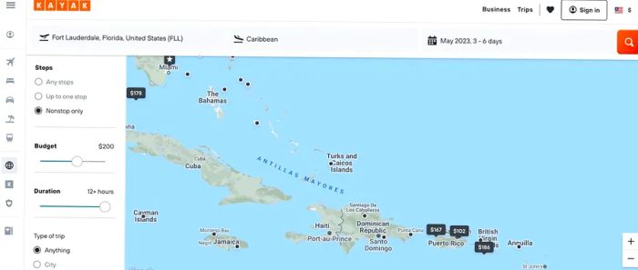 Screenshot from Kayak Direct showing a map of Caribbean islands, including Cuba