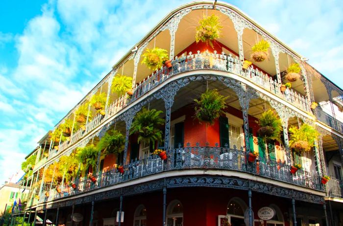 New Orleans building adorned with greenery in the front