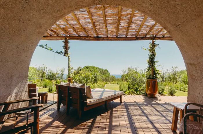 Beige lounge chair on a shaded outdoor deck at the Lily of the Valley near Saint-Tropez.