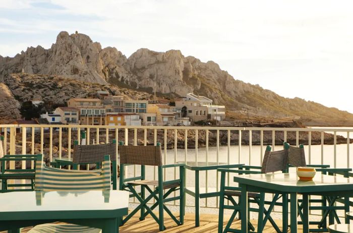 View of rugged hills along the coastline from the deck at the Tuba Club in Marseille.