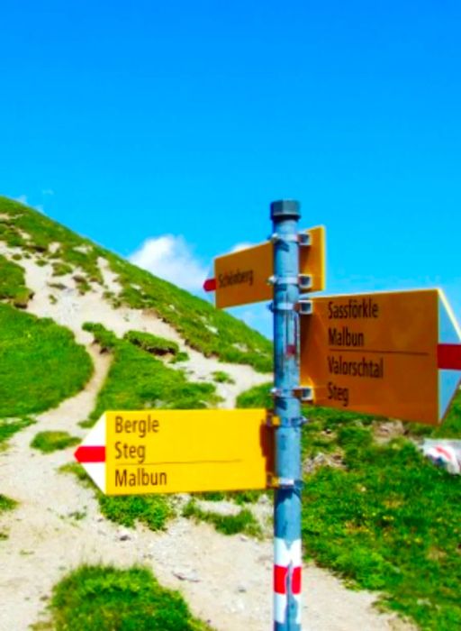 Walking and hiking trails weave through the Liechtenstein Alps and across the Saminatal alpine valley in Steg, Liechtenstein.