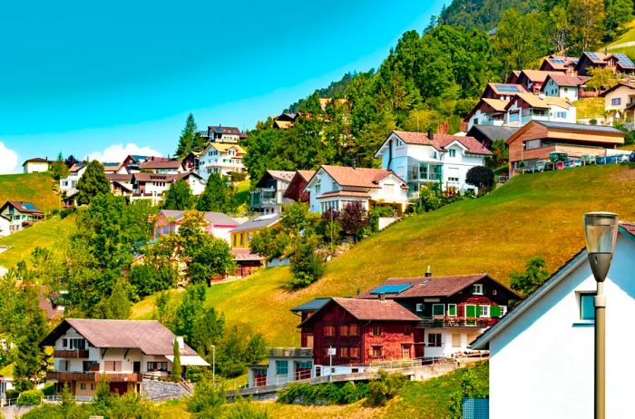 A panoramic view of Triesenberg in central Liechtenstein. Triesenberg is the largest municipality in Liechtenstein, covering 30 square kilometers.