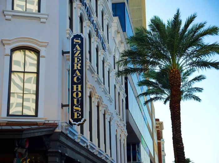 The Sazerac House in New Orleans, complete with a palm tree out front