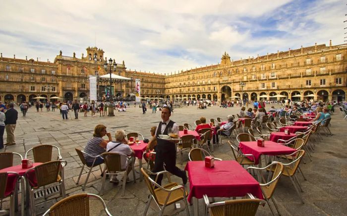 Waiter serving tables in an outdoor plaza in Salamanca, Spain