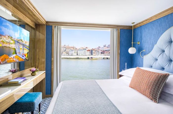 View of a river cruise ship stateroom interior overlooking Porto