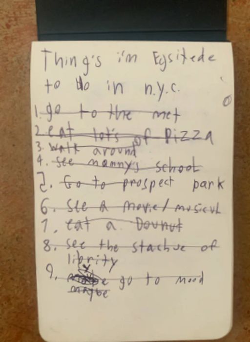 Maya put together a handwritten itinerary for our NYC adventure, which includes visiting the Met, enjoying plenty of pizza, and having a doughnut.