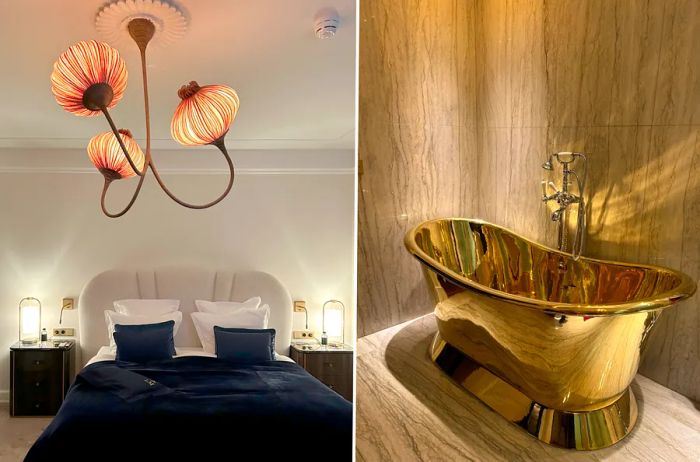 Bedroom featuring a chandelier and a brass bathtub in the bathroom