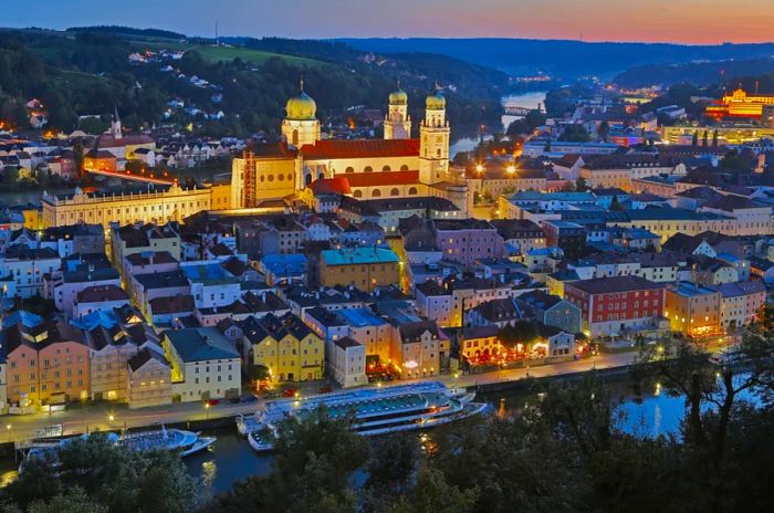 An aerial night view of the Roman fort at the Danube in Passau, Germany