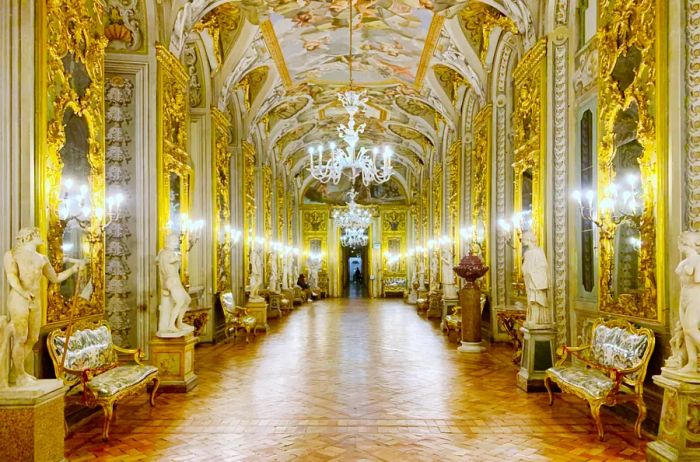 A glimpse of the Hall of Mirrors within Italy's Palazzo Doria Pamphilj.