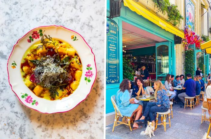 Aerial view of a dish (L); outdoor seating bustling with diners at Brasserie Dubillot (R)