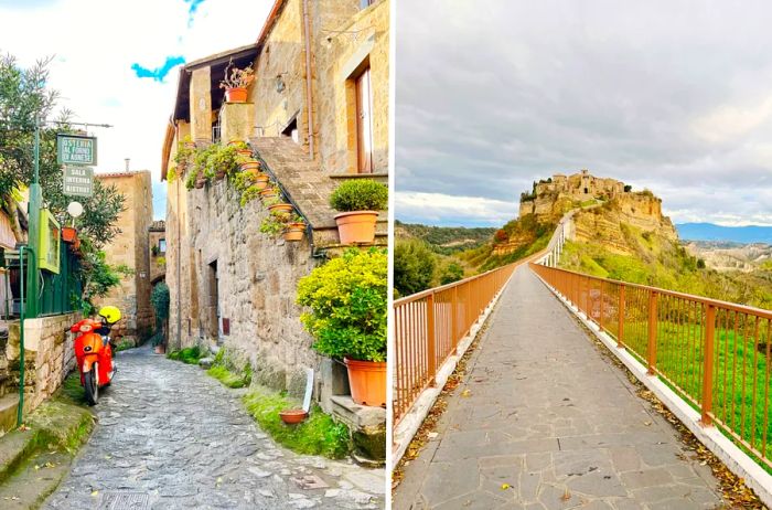 Osteria al Forno di Agnese restaurant and a bridge in the village of Civita di Bagnoregio, Italy.