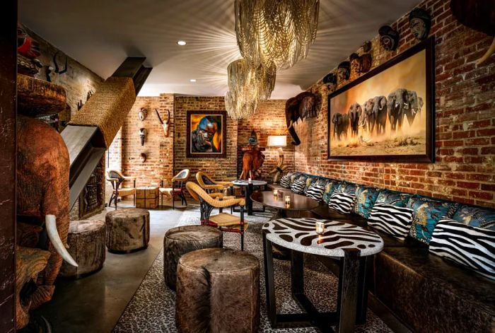 The Baobab Lounge features an African wildlife theme, located within the JW Marriott Savannah Plant Riverside District in Georgia, U.S.