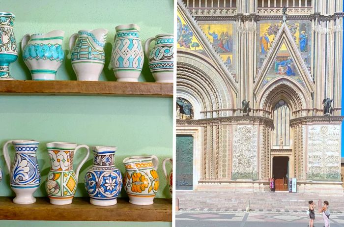 Handcrafted pitchers and the stunning cathedral of Orvieto, Italy.