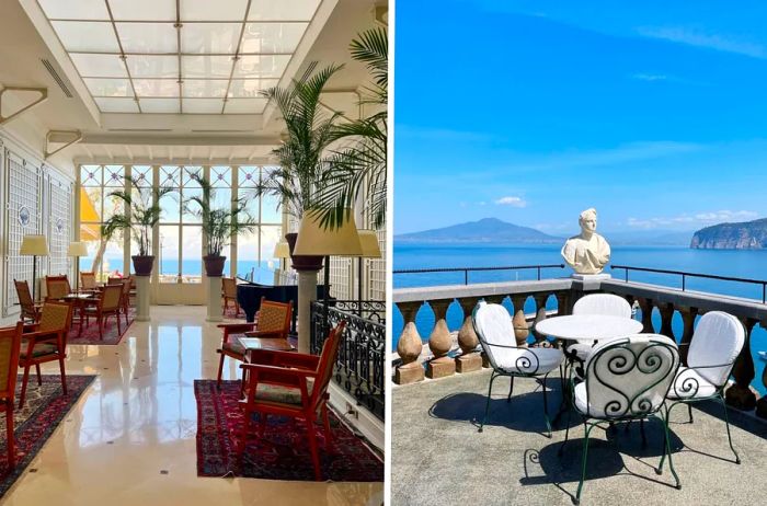 The interior and winter garden terrace at the Grand Hotel Excelsior Vittoria.