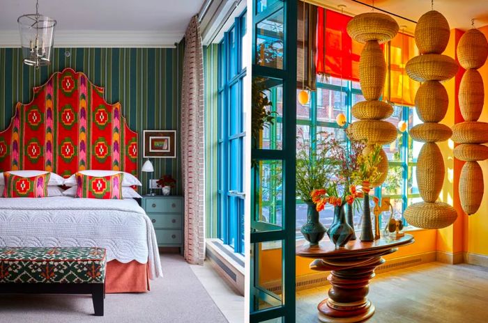 Left: a bedroom at the Warren Street Hotel features a red patterned headboard alongside green striped wallpaper. Right: the lobby boasts a hanging basket sculpture and a wooden table adorned with small vases of flowers.