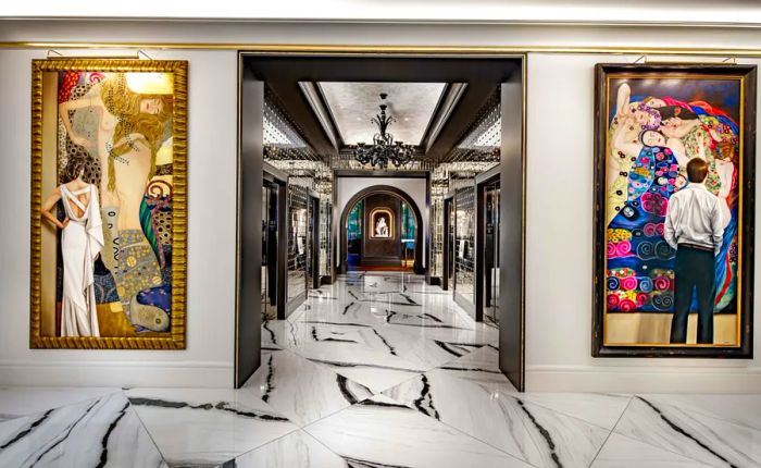 The art-adorned lobby and elegant marble floors of the Grand Bohemian Charlotte hotel in North Carolina, U.S.