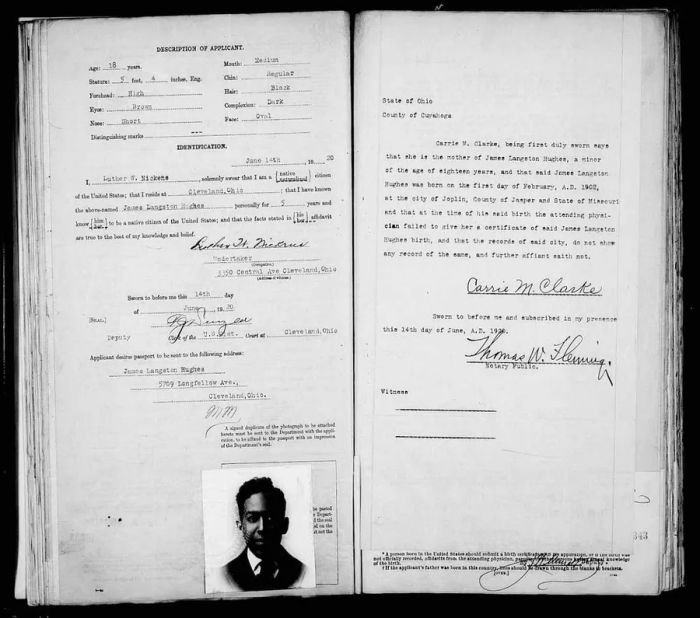 An image of Langston Hughes' passport