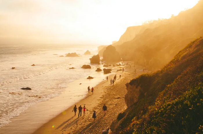 Aerial shot of individuals strolling along El Matador State Beach