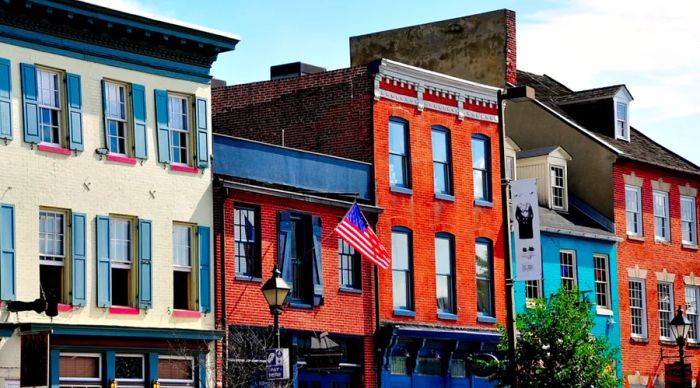 A row of historic brick buildings in Baltimore