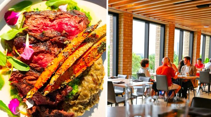 A dish featuring meat and vegetables from Owamni restaurant (L) and diners enjoying their meals (R)