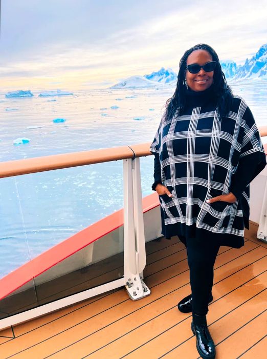 Stephanie Jones aboard a Hurtigruten cruise in Antarctica in early 2022.