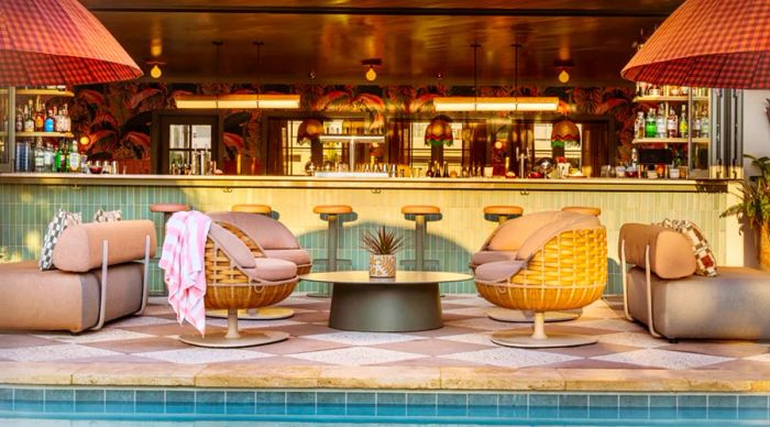 Bar and poolside patio at the Ryder Hotel in Charleston