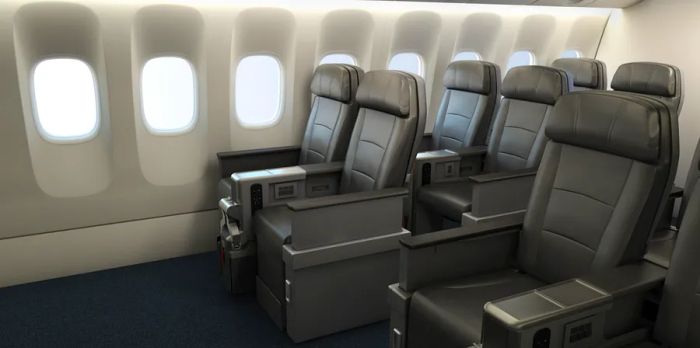 A few rows of American's sleek black Premium Economy seats, unoccupied