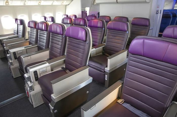 Rows of empty purple seats in United's Premium Plus