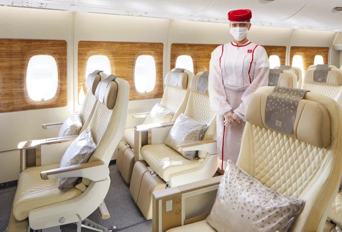 Vacant white seats adorned with silver pillows in Emirates' Premium Economy, accompanied by a flight attendant dressed in white, wearing a face mask and a round red hat