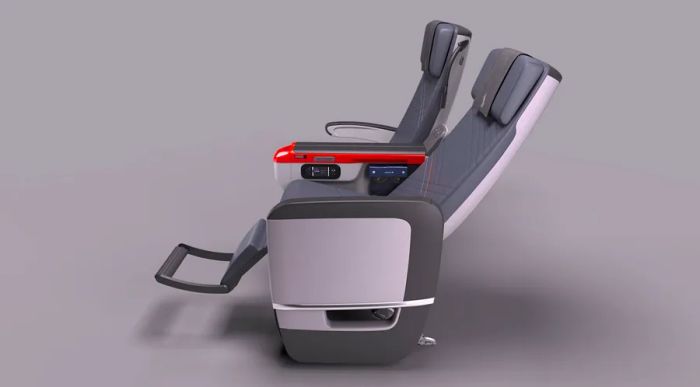 A side view of a gray reclining seat alongside an upright seat in Singapore Airlines' Premium Economy