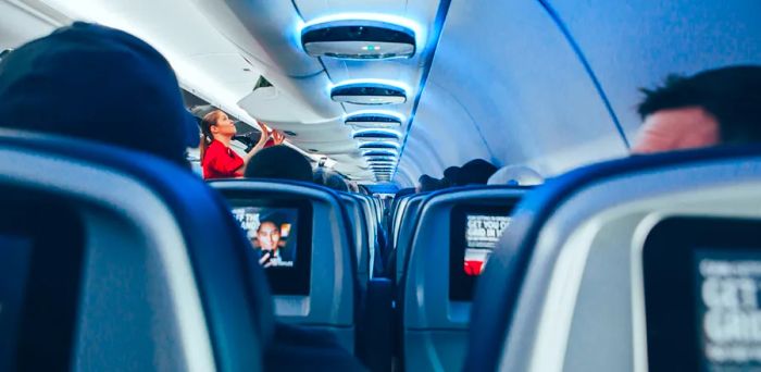 View of occupied seats from the back of the airplane