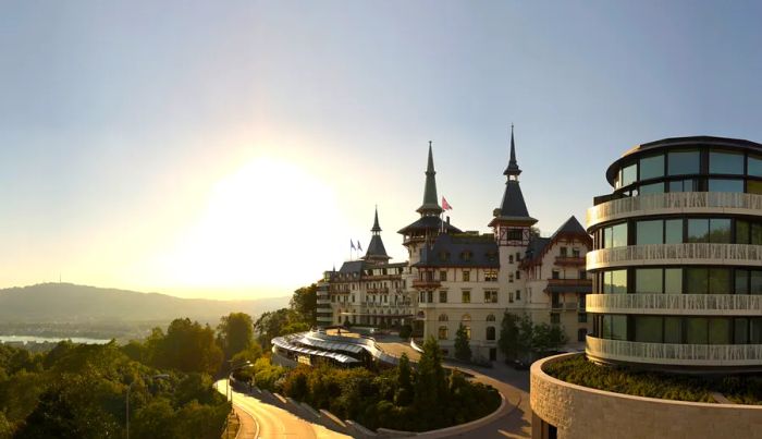 The Dolder Grand, located beside Lake Zurich, boasts century-old turrets that enhance its historic charm.