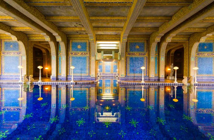 The stunning indoor blue-tiled Roman Pool at Hearst Castle in San Simeon