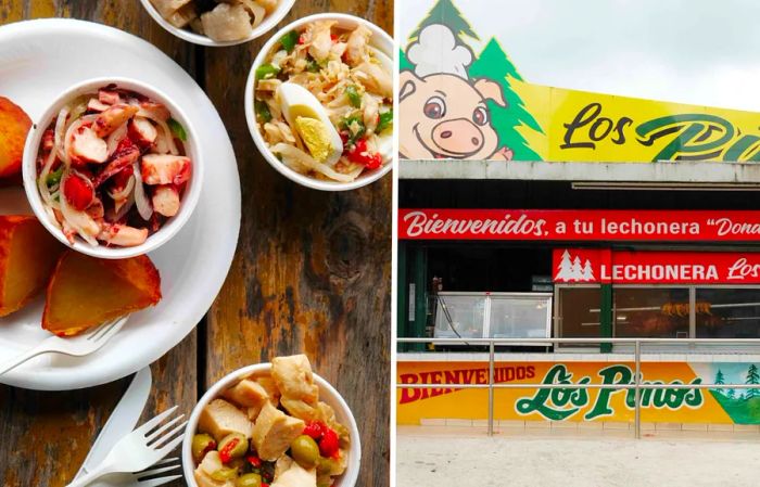 Aerial view of white bowls filled with food, accompanied by plastic utensils (L); exterior shot of Lechonera Los Pinos