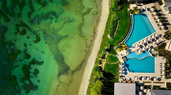 An aerial view showcases Six Senses La Sagesse's pool located on the ocean shore to the right, with the vast sea stretching to the left.