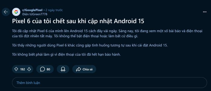 Người dùng báo cáo rằng Pixel 6 đã trở thành cục gạch sau khi cập nhật Android 15