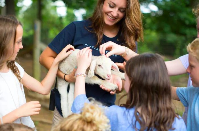 Children gather around a camp counselor who is holding a lamb