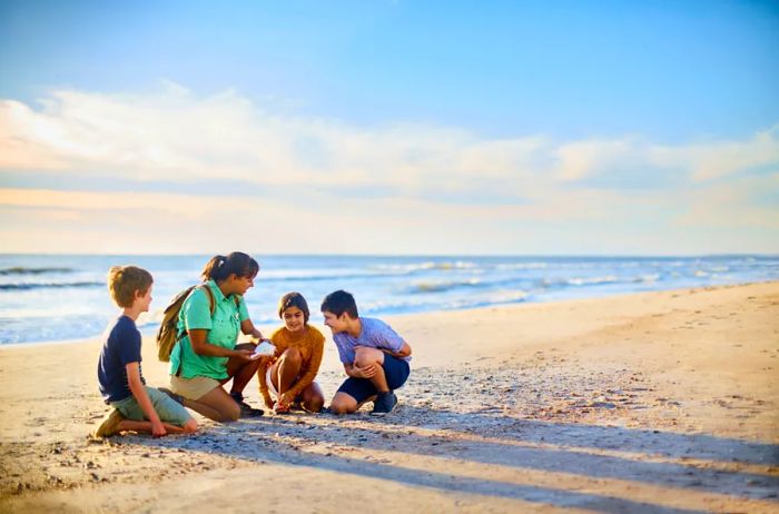 A camp counselor shows three kids a large shell on the beach.