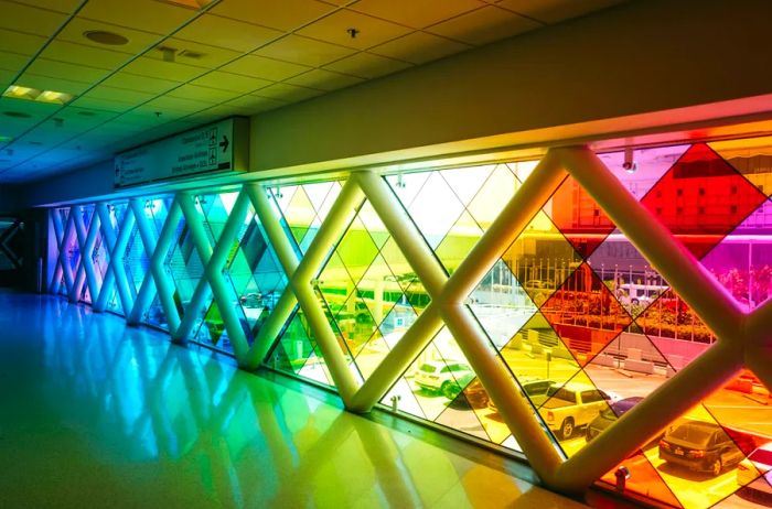 A stunning display of rainbow-colored windows arranged in diamond shapes decorates a walkway at Miami International Airport.