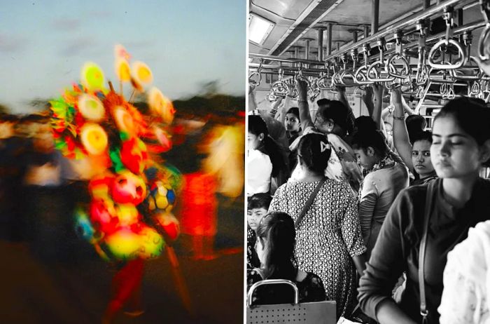 Left: A vendor clutching a bunch of colorful balloons. Right: a packed bus navigating through Mumbai.