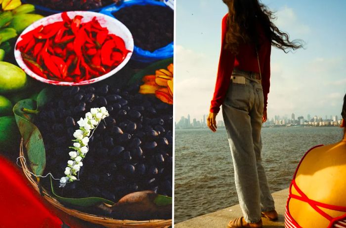 Left: A bustling market scene filled with peppers, vegetables, and flowers. Right: Two girls by the harbor in Mumbai.