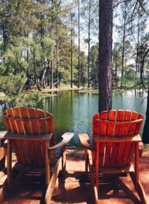 Two vacant Adirondack chairs overlook a serene pond surrounded by cypress trees at Das Peach Haus.