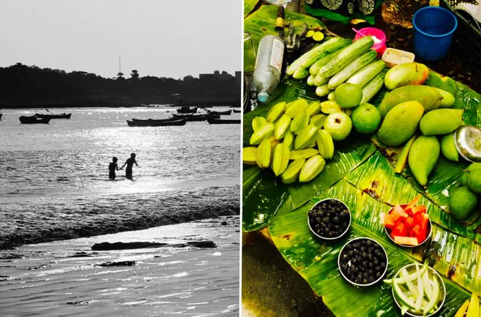 Left: Individuals playing in the surf at a Mumbai beach. Right: A display of banana leaves filled with fruits and vegetables.