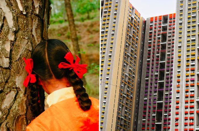 Left: A girl with red ribbons adorning her hair. Right: A towering high-rise in Mumbai.