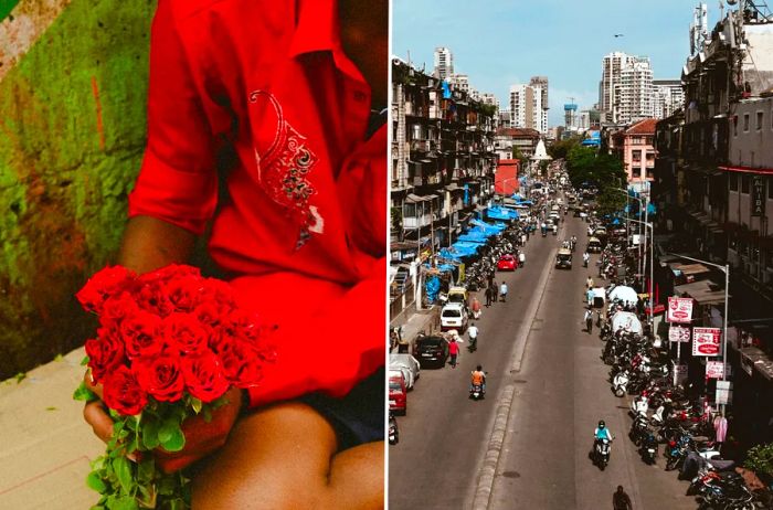 Left: A person dressed in red holds a bouquet of vibrant red roses. Right: a bustling street in Mumbai.