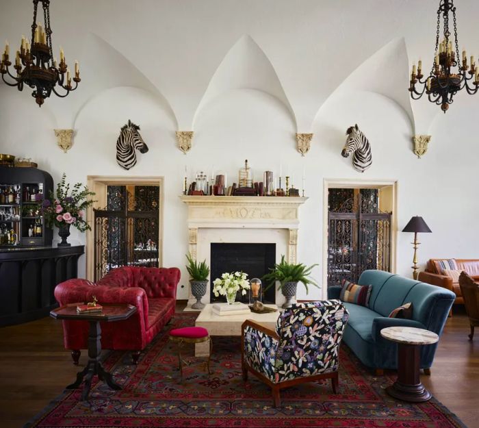 The living room of the Commodore Perry Estate Hotel in Austin