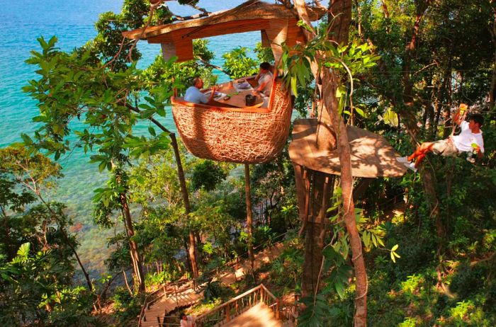 Treepod dining area at Soneva Kiri served by a ziplining waiter