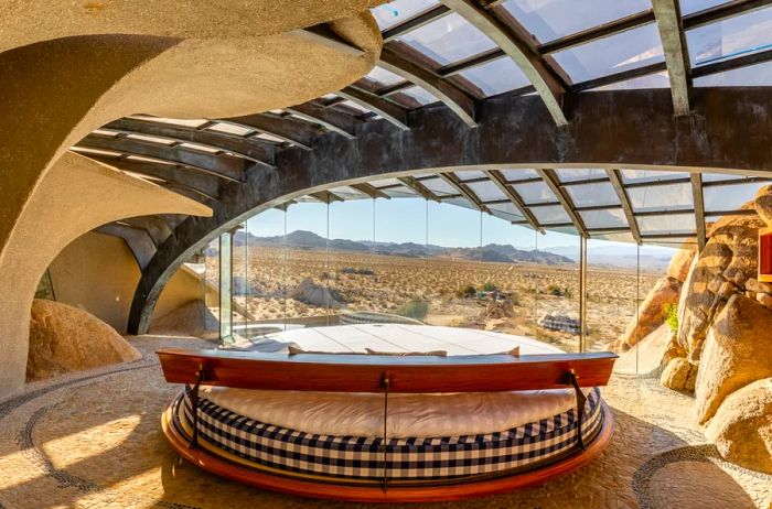 A Hästens circular bed in one of the bedrooms at the Kellogg Doolittle House Airbnb