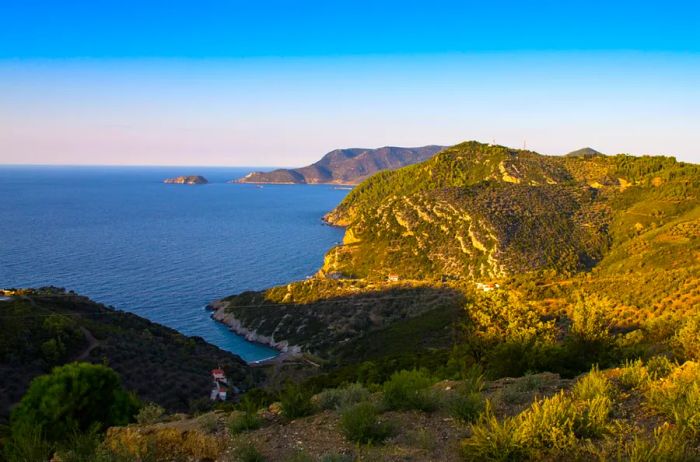 View of the sea from Alonissos Old Town as the sun sets